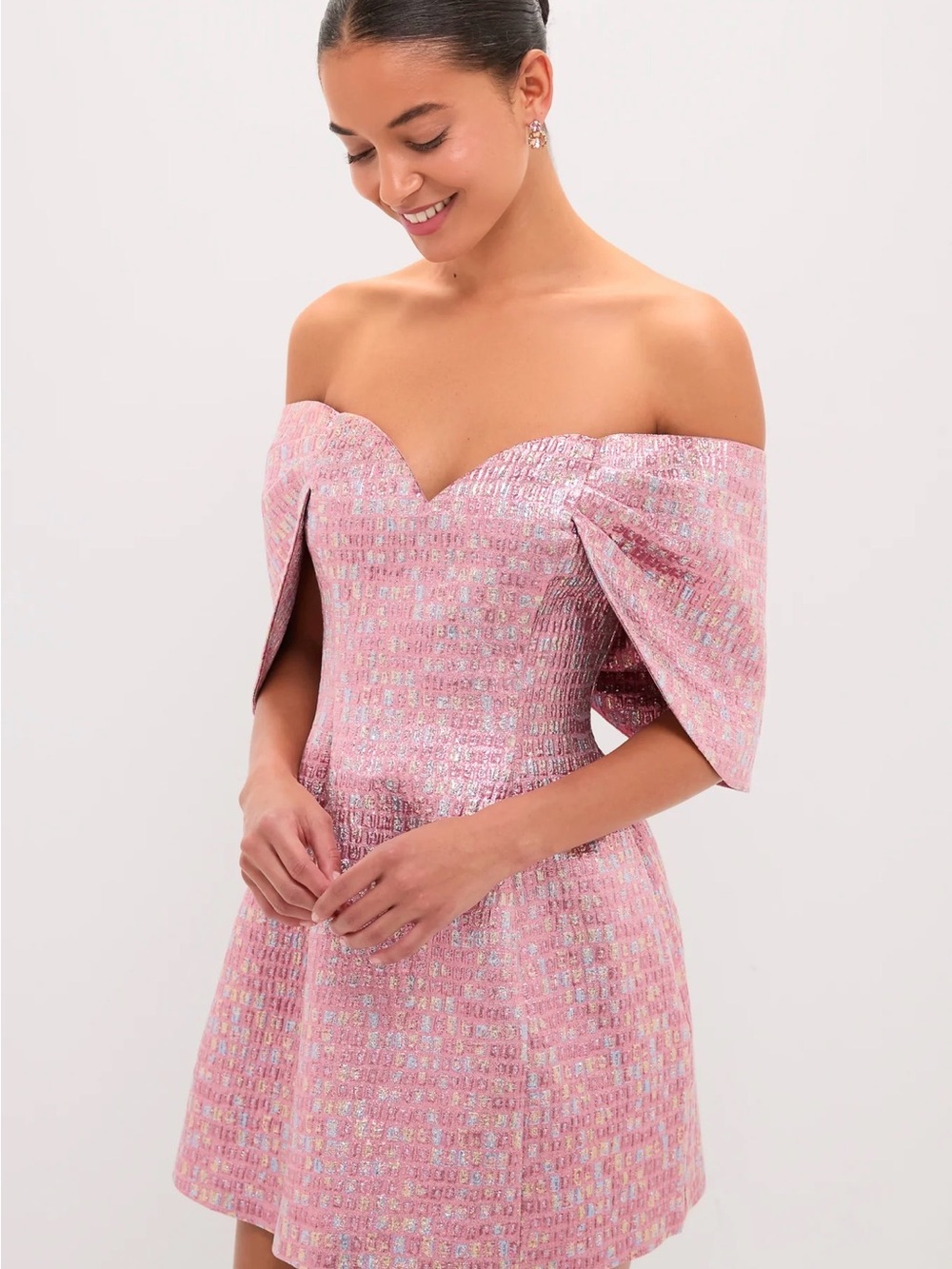 Pink Multi Jacquard Off-the-Shoulder Kara Mini Dress